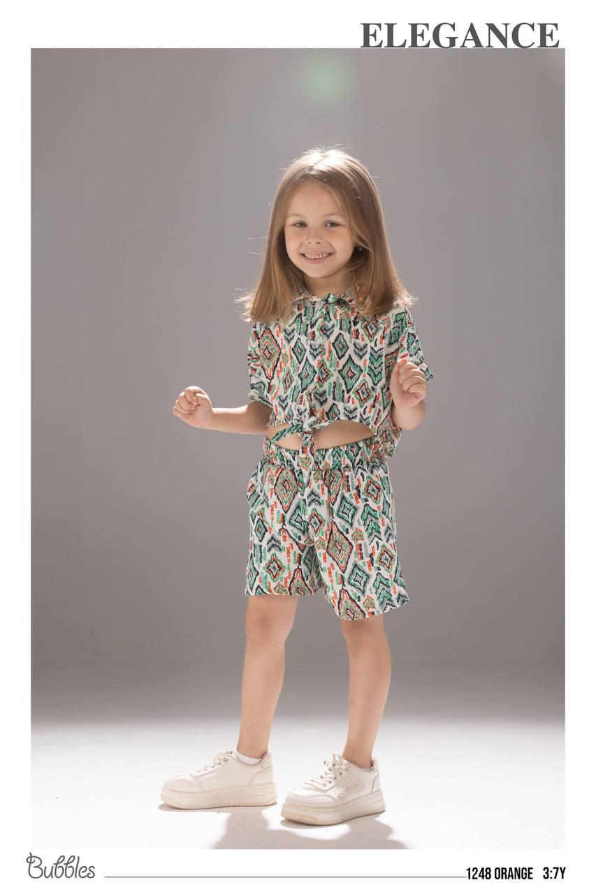 Girls Printed Summer Two-Piece Set – Short Sleeve Tie-Front Top & Matching Shorts (Ages 3–7)