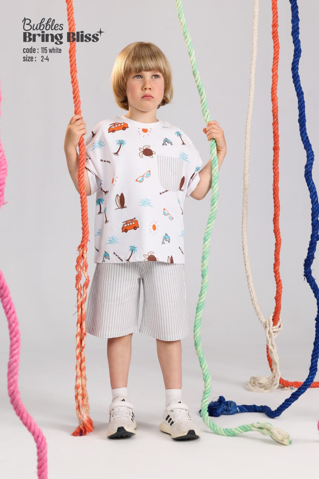 Toddler Boys Summer Beach Print T-Shirt & Striped Shorts Set (Size 2–4)