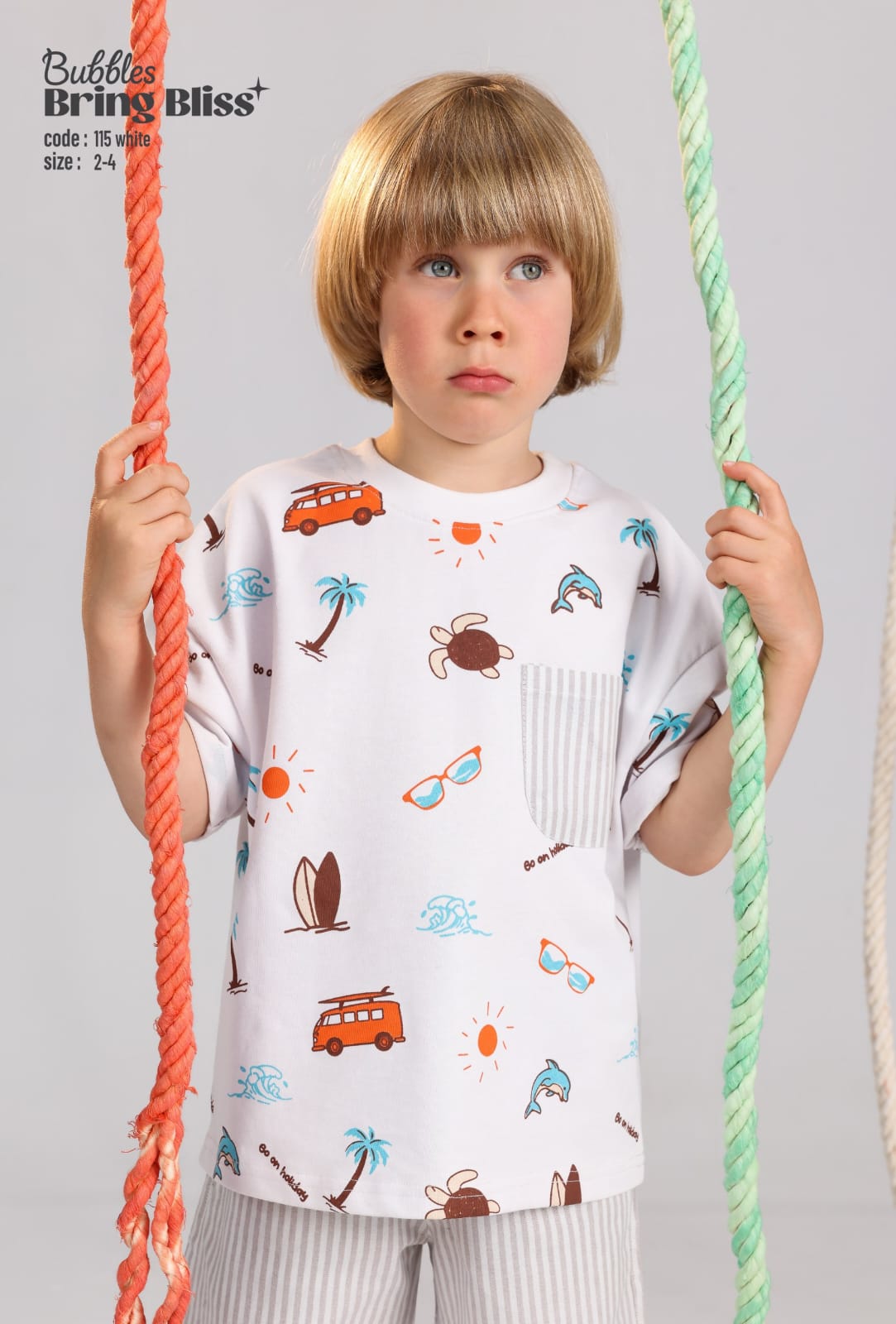 Toddler Boys Summer Beach Print T-Shirt & Striped Shorts Set (Size 2–4)