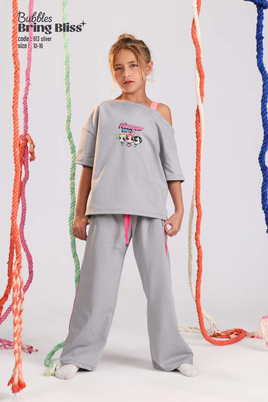 Girls Powerpuff Girls Printed Lounge Set – Off-Shoulder T-Shirt & Wide-Leg Pants (Ages 10–16)