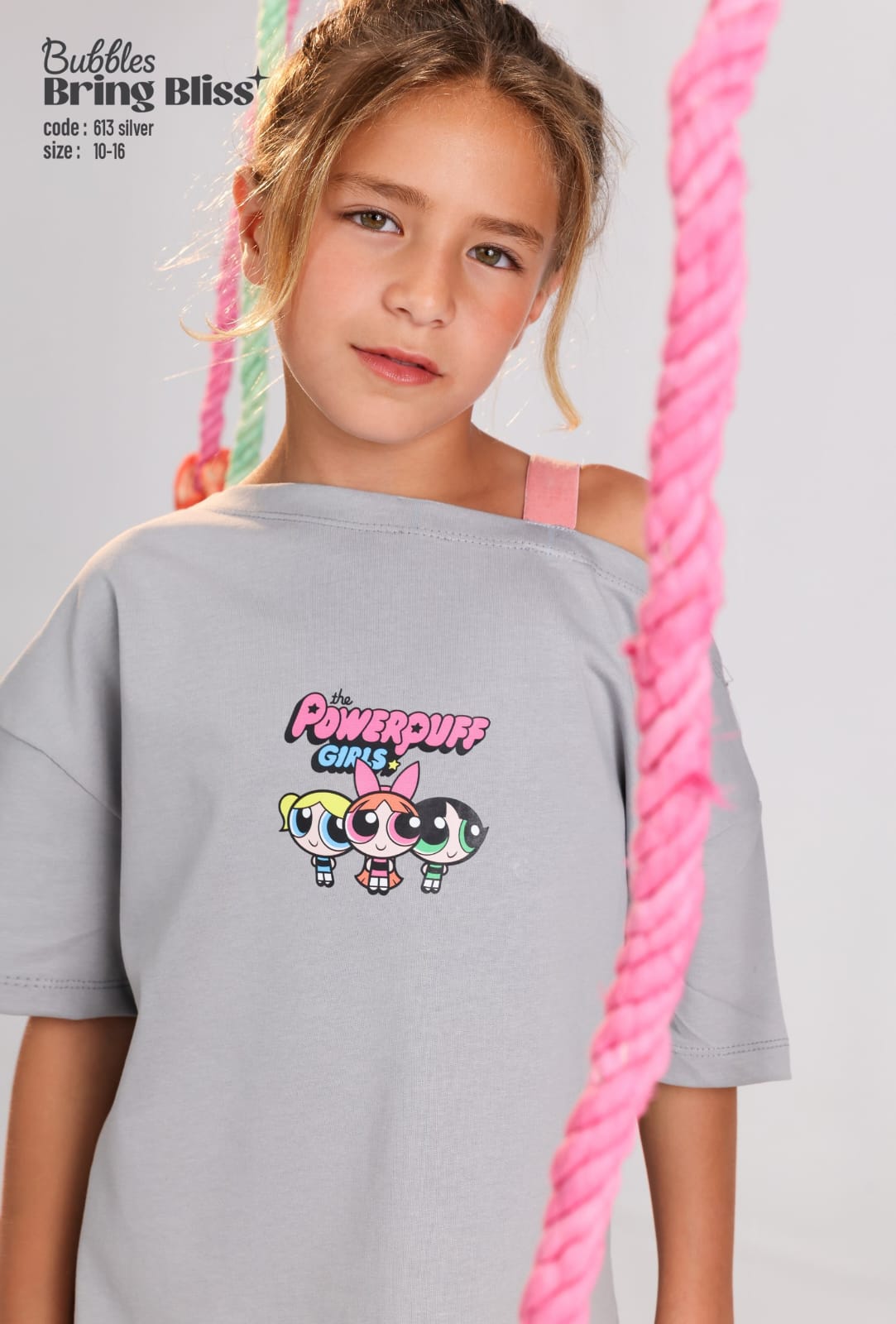 Girls Powerpuff Girls Printed Lounge Set – Off-Shoulder T-Shirt & Wide-Leg Pants (Ages 10–16)