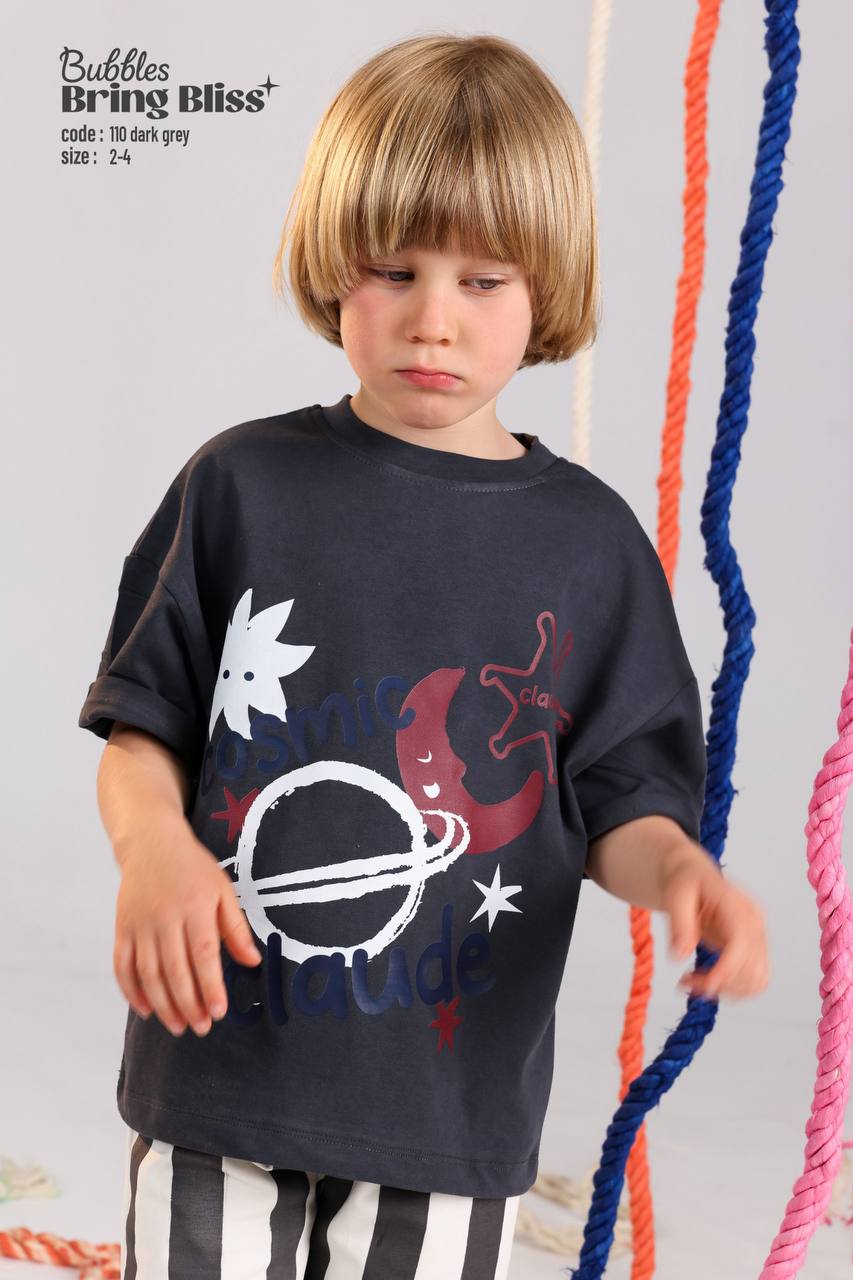 Boys Dark Grey Space Graphic T-Shirt & Striped Shorts Set – Comfortable Casual Outfit (Ages 2–4)