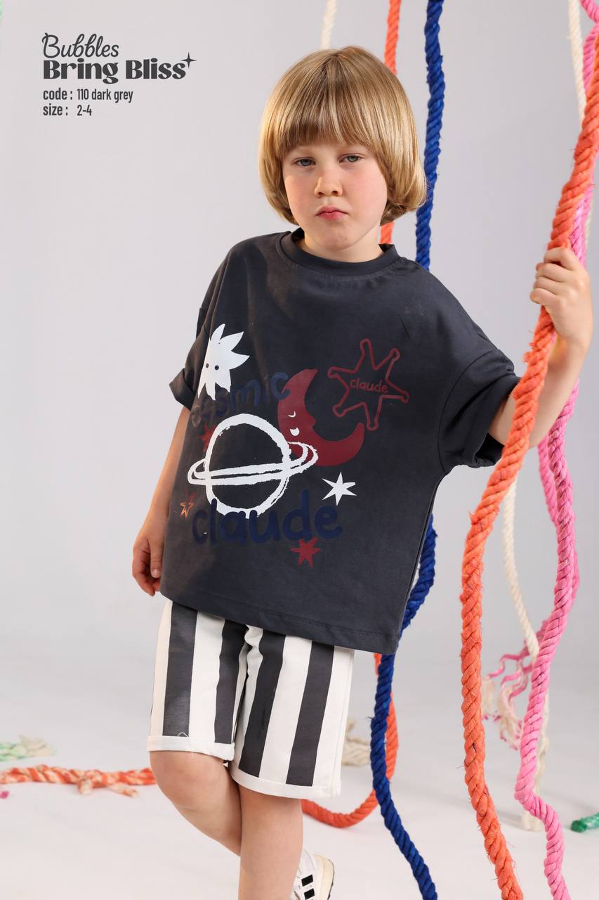 Boys Dark Grey Space Graphic T-Shirt & Striped Shorts Set – Comfortable Casual Outfit (Ages 2–4)