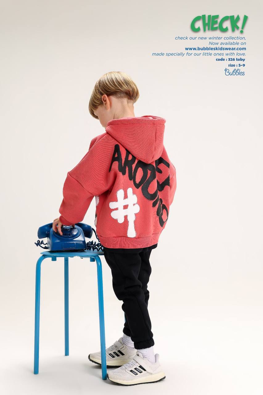 Boys graphic back print hoodie and jogger pants set coral red casual tracksuit ages 5-9 - Bubbles Kidswear Egypt