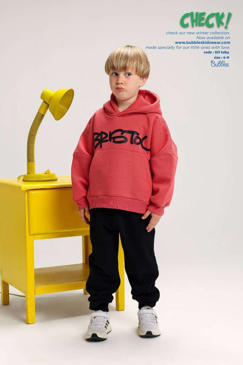 Boys oversized hoodie and jogger pants set coral red casual winter tracksuit ages 5-9 - Bubbles Kidswear Egypt
