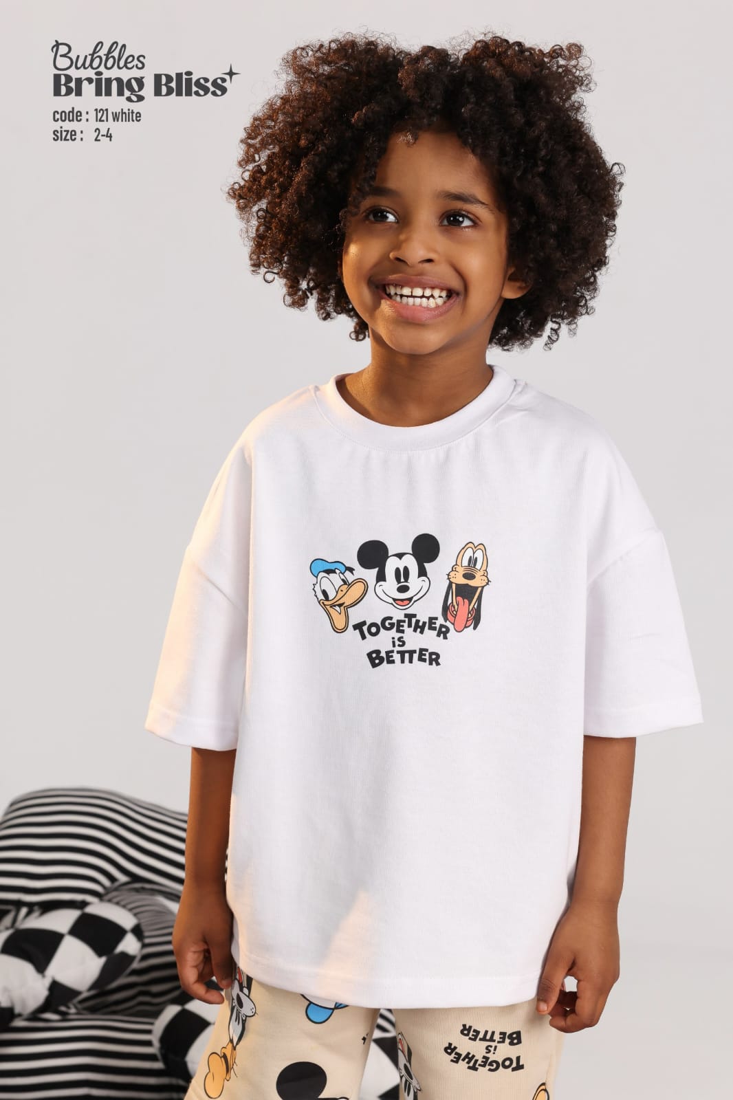 Kids Disney Character Pajama Set – White Oversized T-Shirt & Printed Pants Sleepwear for Boys and Girls (Size 2–4)