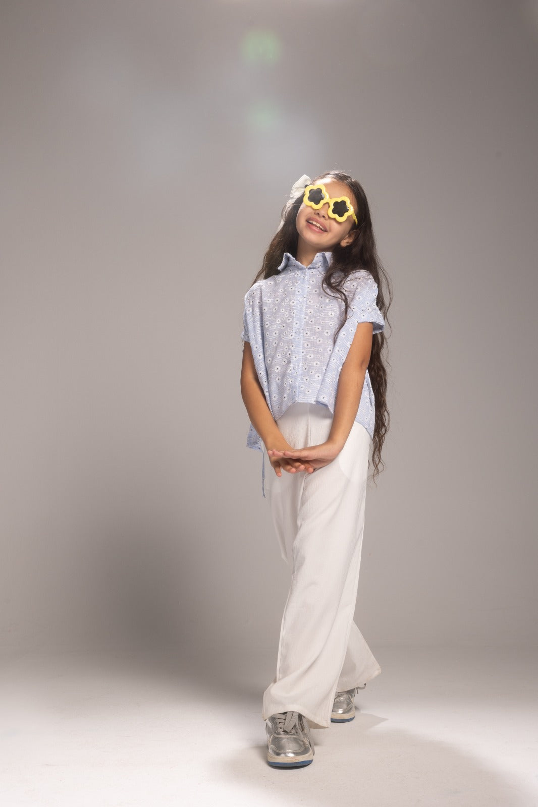 Girls’ Light Blue Eyelet Top & White Wide-Leg Pants Set – Stylish Casual Outfit for Kids