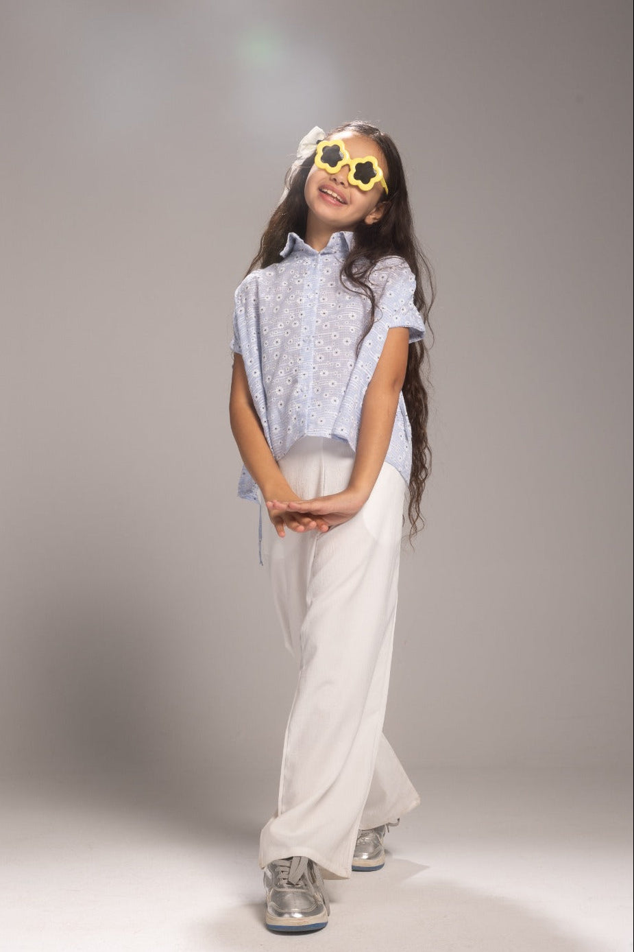 Girls’ Light Blue Eyelet Top & White Wide-Leg Pants Set – Stylish Casual Outfit for Kids