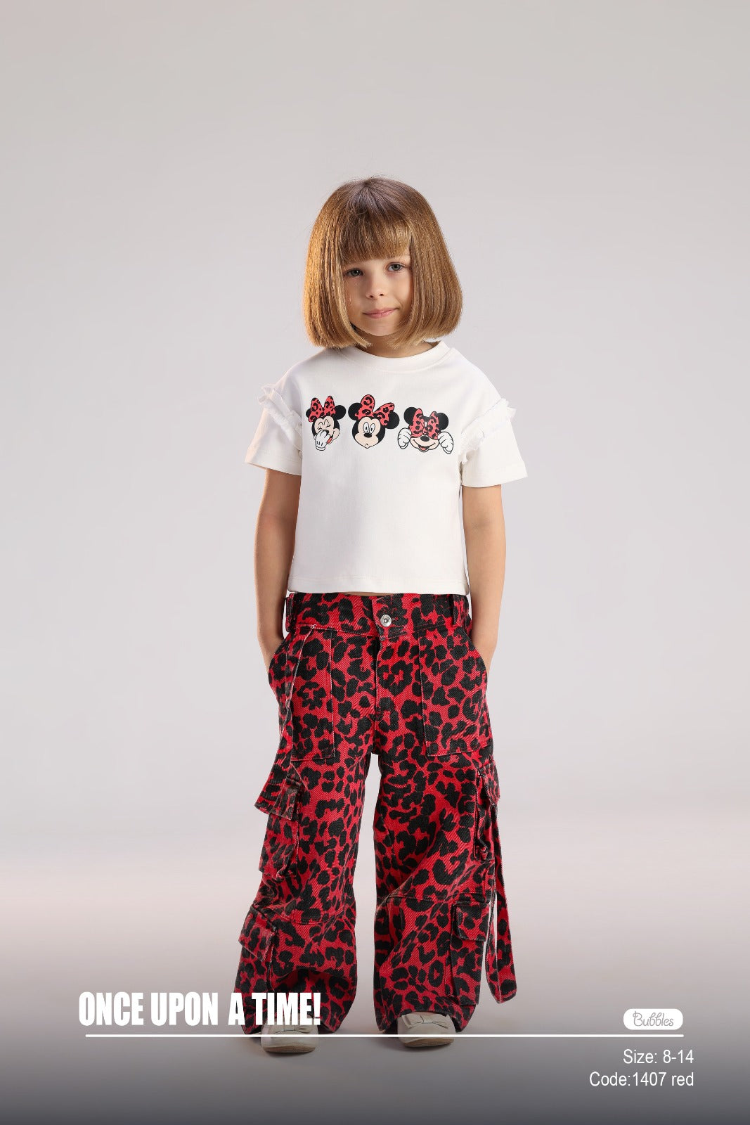 Girls Minnie Mouse Graphic T-Shirt & Red Leopard Print Cargo Pants Set – Kids Fashion Outfit (Sizes 8–14)