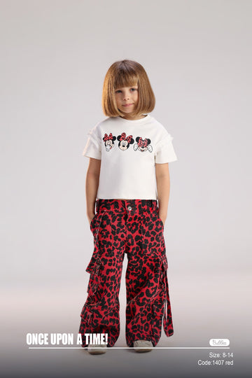 Girls Minnie Mouse Graphic T-Shirt & Red Leopard Print Cargo Pants Set – Kids Fashion Outfit (Sizes 8–14)