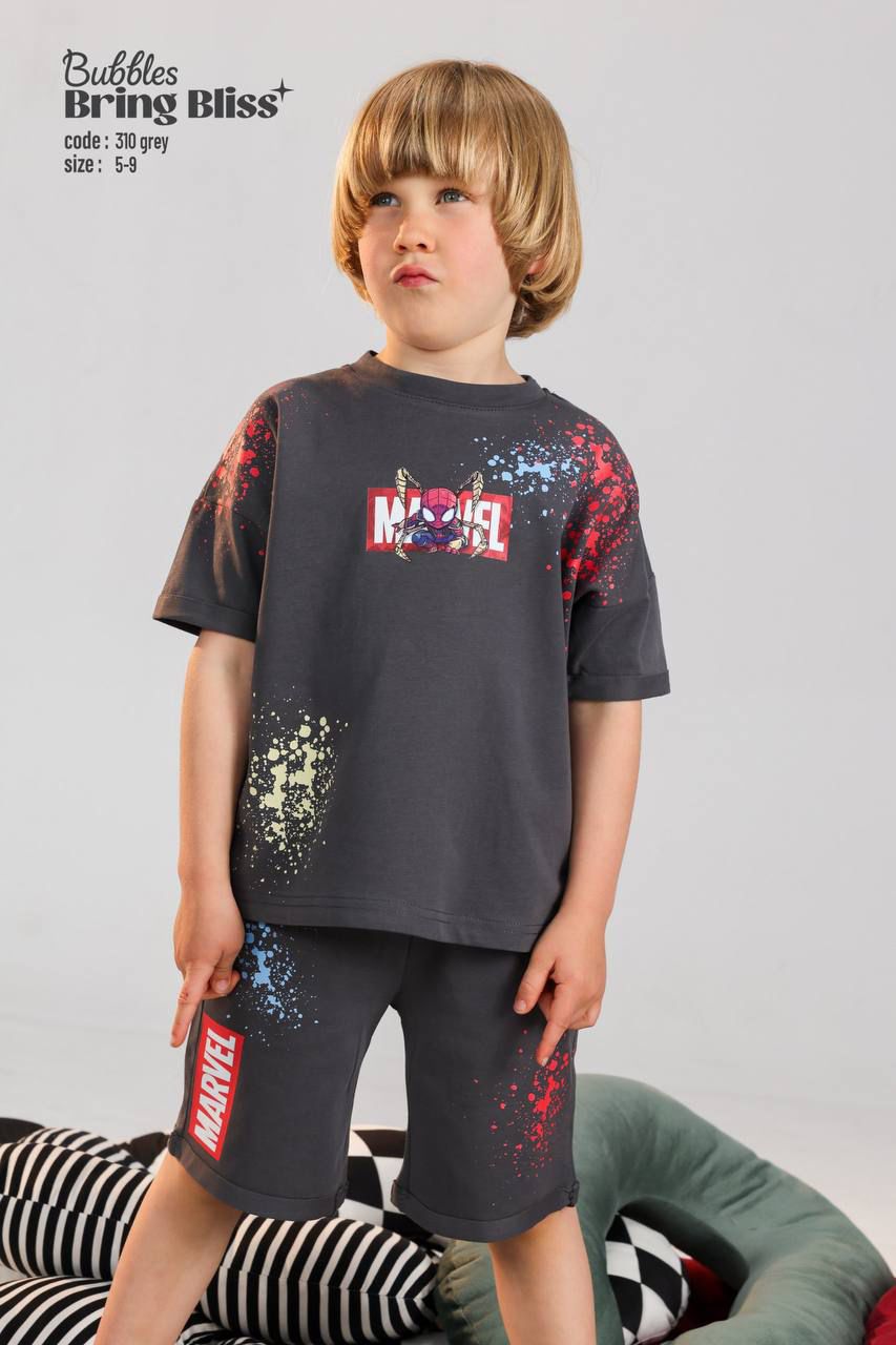 Marvel Kids Grey Splash Print T-Shirt & Shorts Set – Comfortable Summer Outfit for Boys (Ages 5–9)