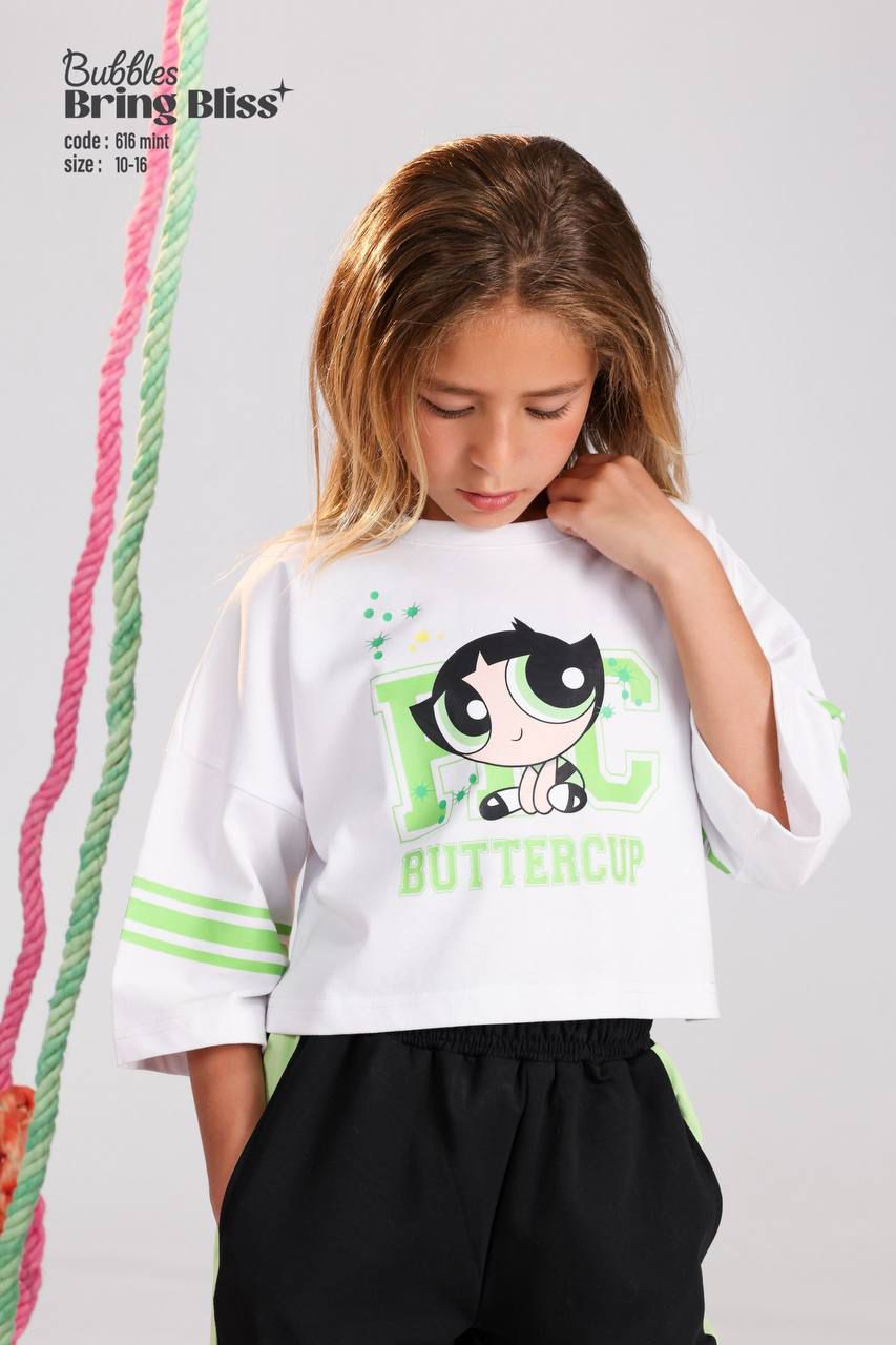 Girls Long Sleeve Pajama Set – White Printed Top & Black Pants Sleepwear
