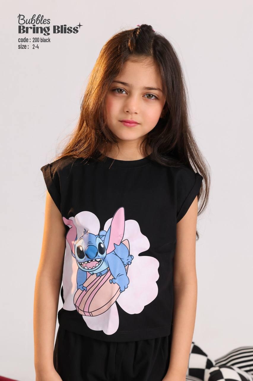 Girls Black Stitch Graphic Cotton T-Shirt – Casual Short Sleeve Tee for Ages 2–4