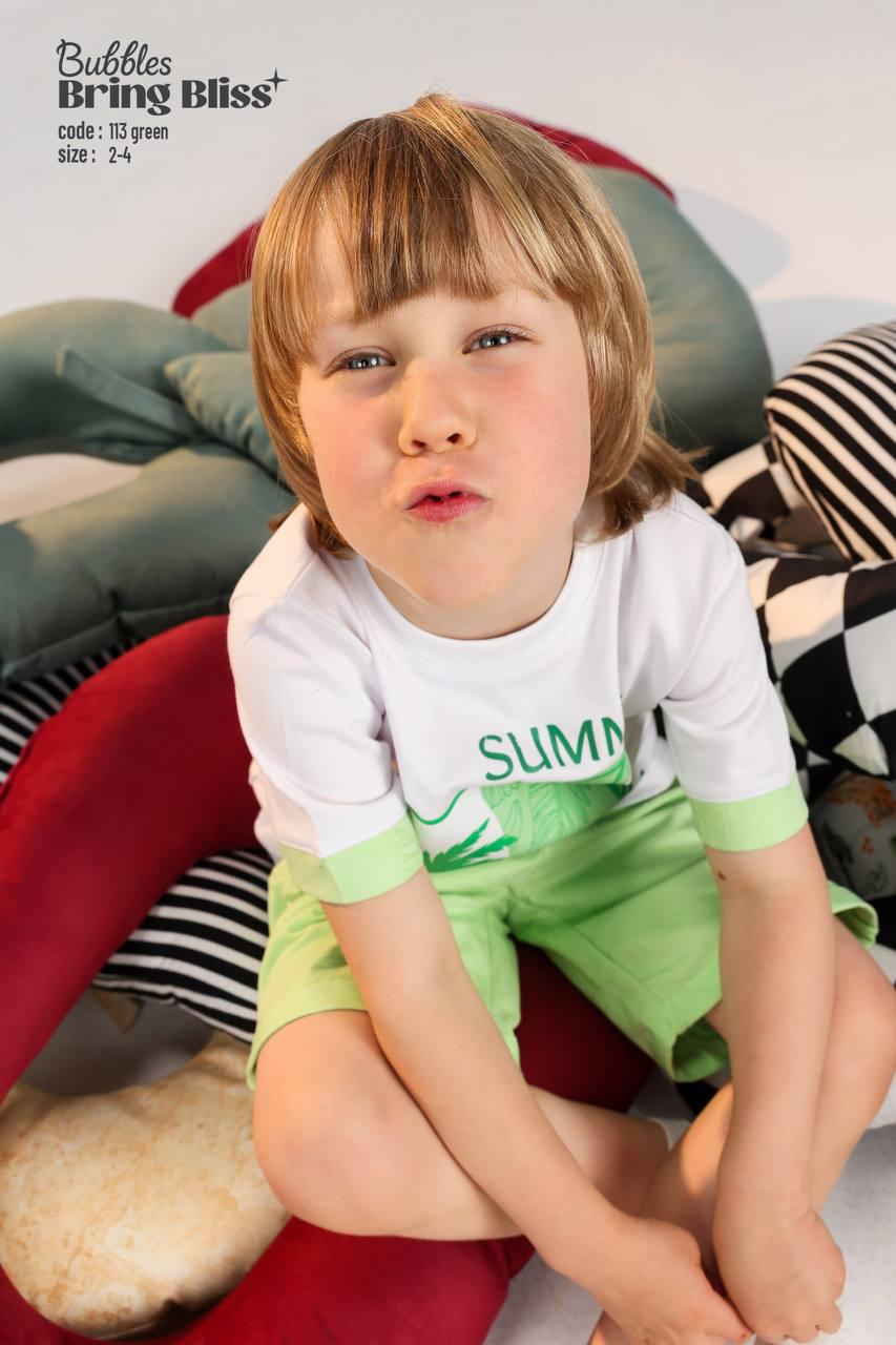 Bubbles Bring Bliss Kids Summer Pajama Set – Green “Good Vibe” Cotton T-Shirt & Shorts (Size 2-4)