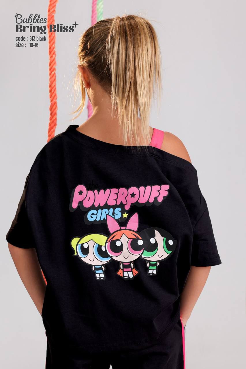 Girls Powerpuff Graphic Cold Shoulder Lounge Set – Black Wide Leg T-Shirt & Pants Outfit (Size 10–16)