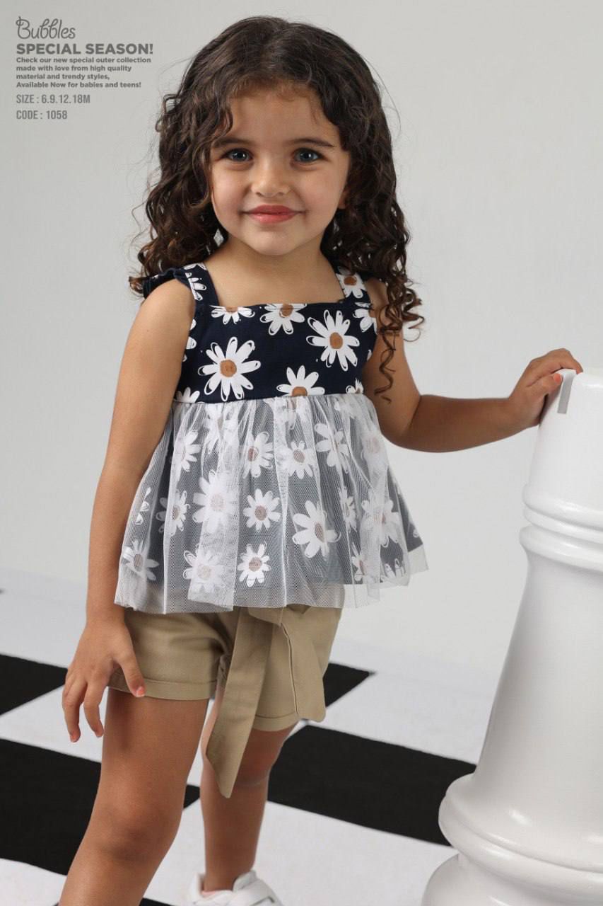 Girls Daisy Print Mesh Peplum Top & Shorts Set – Cute Summer Outfit for Toddlers (6–18M)