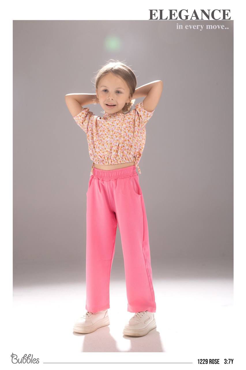 Girls Floral Crop Top & Pink Wide-Leg Pants Set – Stylish Kids Casual Outfit