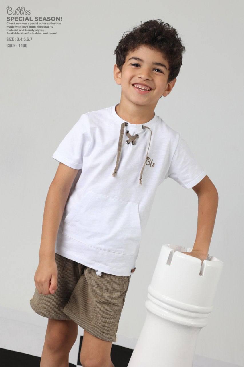 Boys Casual Summer T-Shirt & Textured Shorts Set – Lace-Up Neck Cotton Outfit (Sizes 3–7)