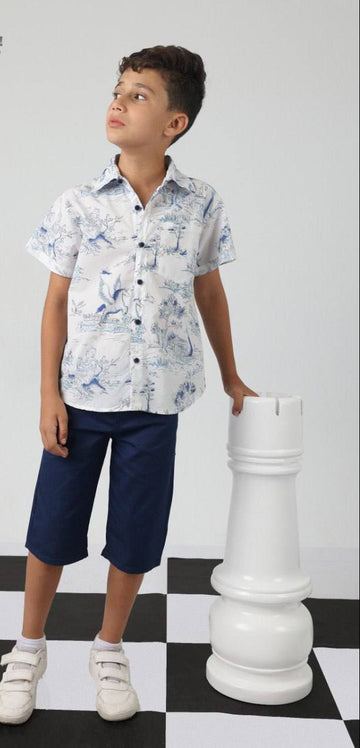 Boys White Printed Short Sleeve Button-Up Shirt & Navy Bermuda Shorts Set – Casual Summer Outfit