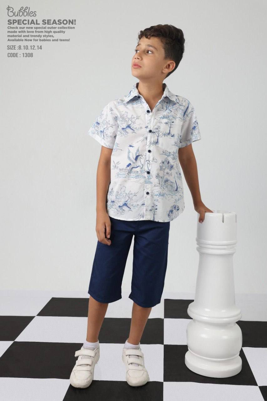 Boys White Printed Short Sleeve Button-Up Shirt & Navy Bermuda Shorts Set – Casual Summer Outfit