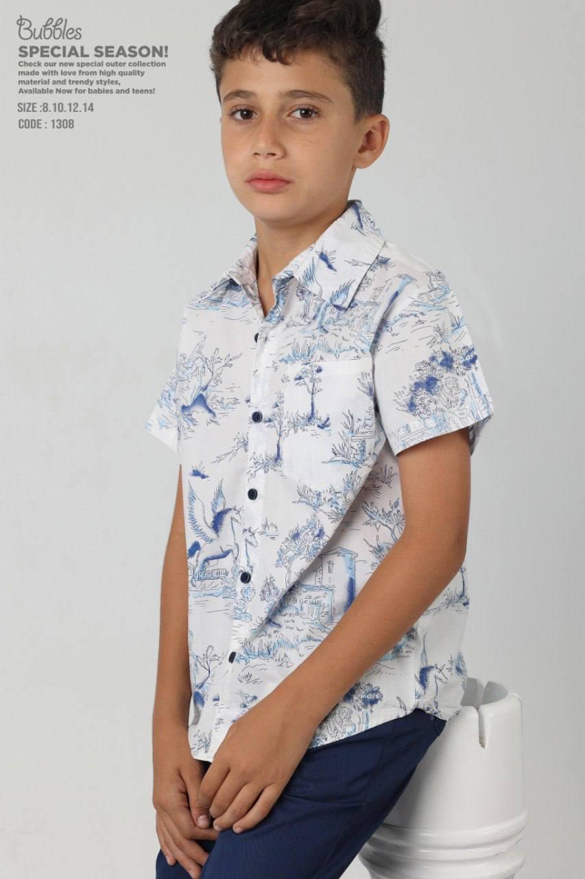 Boys White Printed Short Sleeve Button-Up Shirt & Navy Bermuda Shorts Set – Casual Summer Outfit