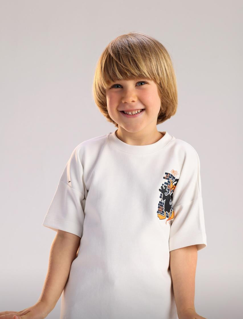 Boys White Graphic Cotton T-Shirt – Casual Short Sleeve Tee