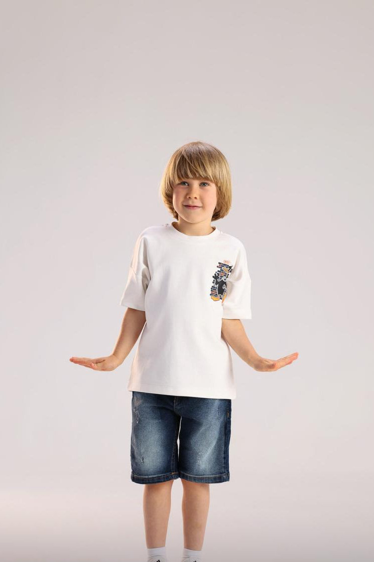 Boys White Graphic Cotton T-Shirt – Casual Short Sleeve Tee