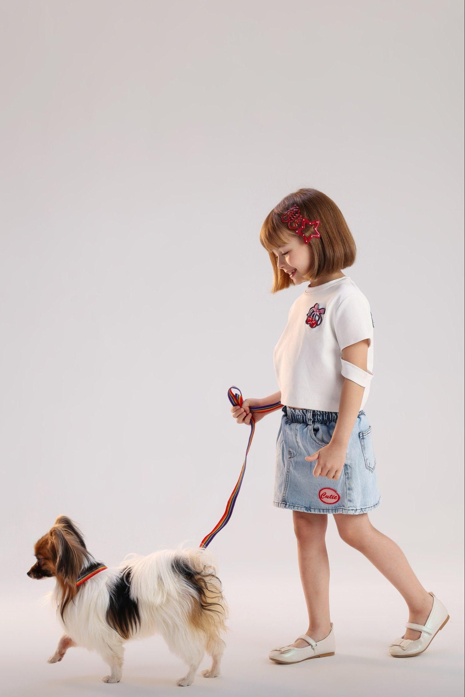 Girls Light Wash Denim Mini Skirt with Elastic Waist & Cute Patch Detail
