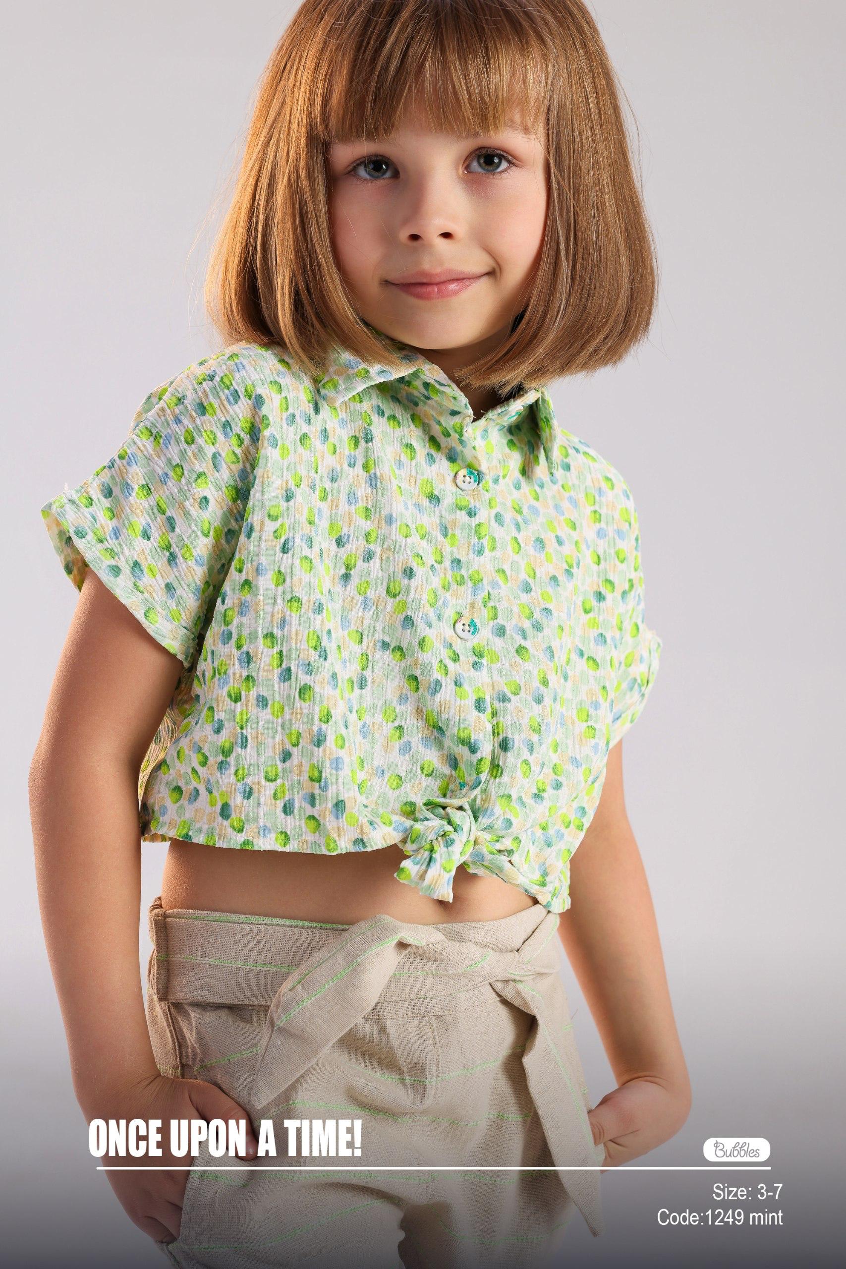 Girls Mint Polka Dot Tie-Front Crop Shirt with Short Sleeves