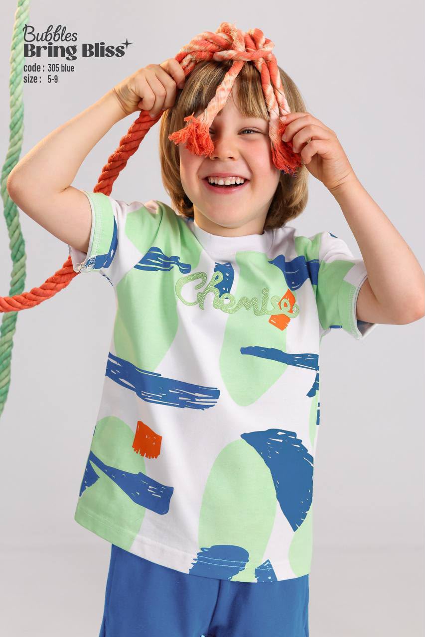 Kids Printed Cotton Summer Set – Abstract Graphic T-Shirt & Blue Shorts for Boys (Ages 5–9)