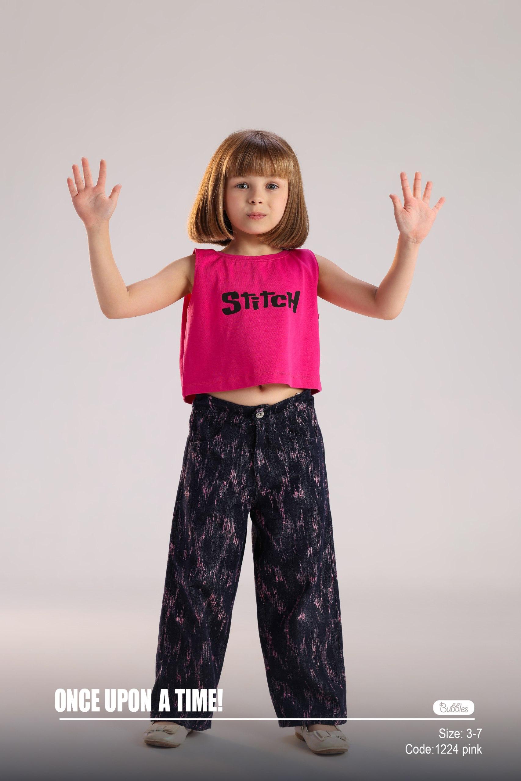 Kids Stitch Pink Crop Top & Wide-Leg Pants Set – Trendy Girls Summer Outfit