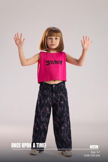 Kids Stitch Pink Crop Top & Wide-Leg Pants Set – Trendy Girls Summer Outfit