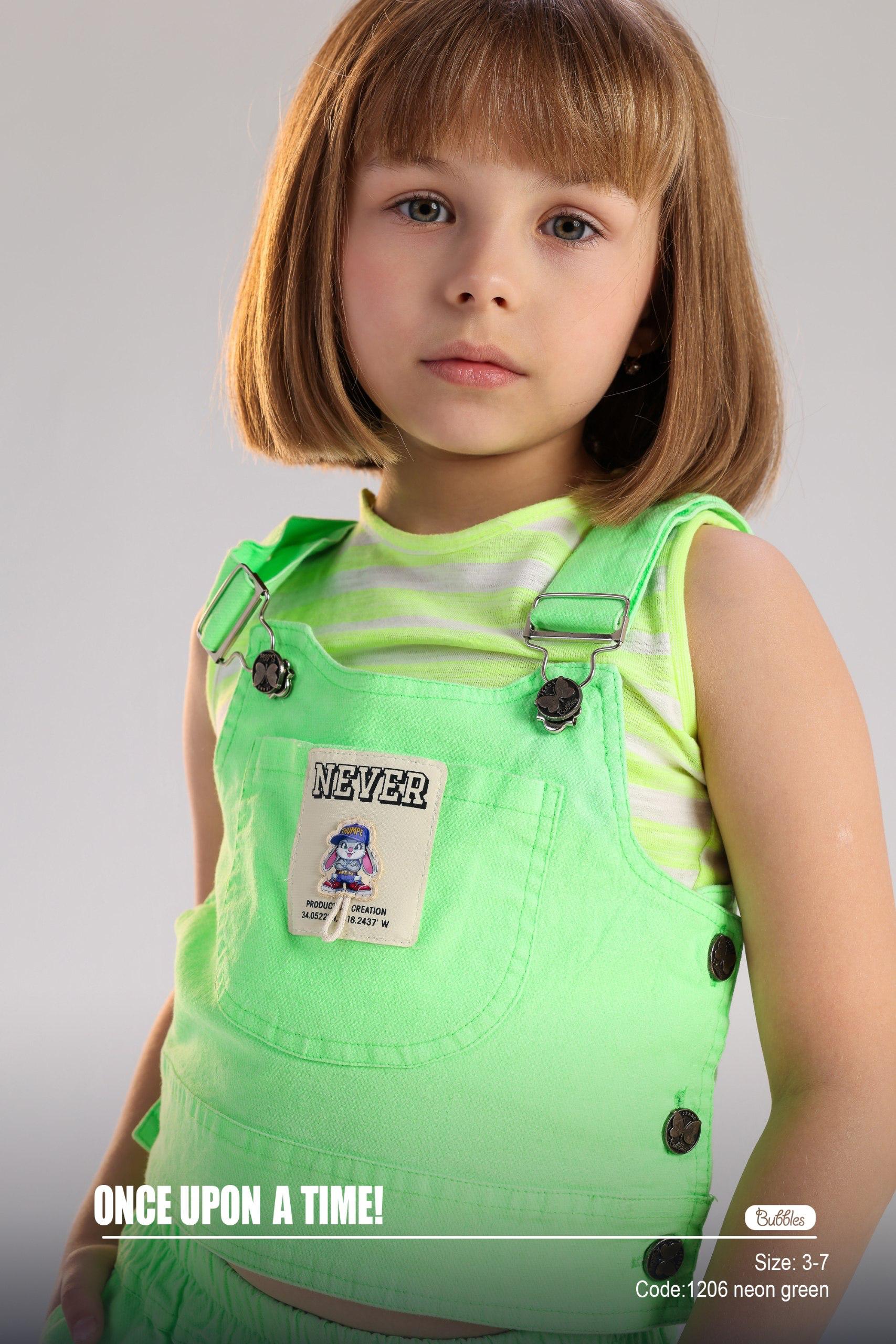 Kids Neon Green Pinafore Skirt Set with Striped Sleeveless Top – Trendy Summer Outfit for Girls