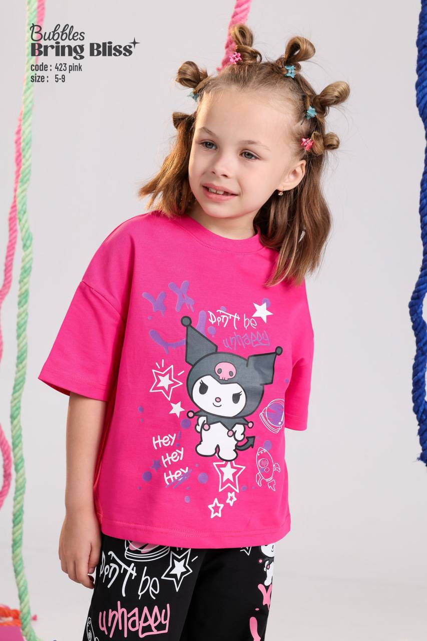 Girls Kuromi Graphic Oversized T-Shirt & Wide-Leg Pants Set – Stylish 2-Piece Casual Outfit