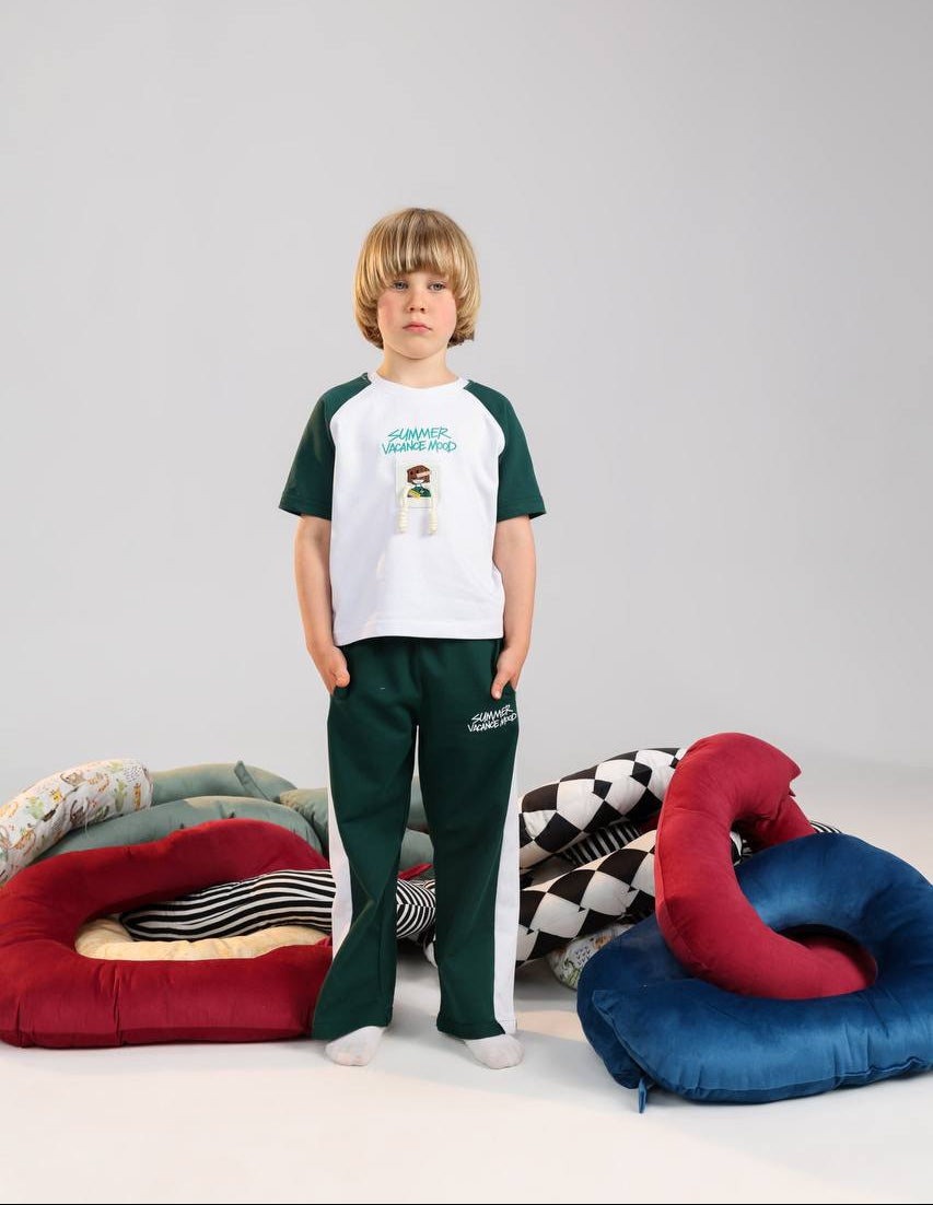 Kids Summer Vacation 2-Piece Outfit Set – Raglan T-Shirt & Jogger Pants in Dark Green