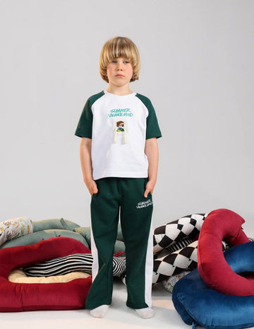 Kids Summer Vacation 2-Piece Outfit Set – Raglan T-Shirt & Jogger Pants in Dark Green