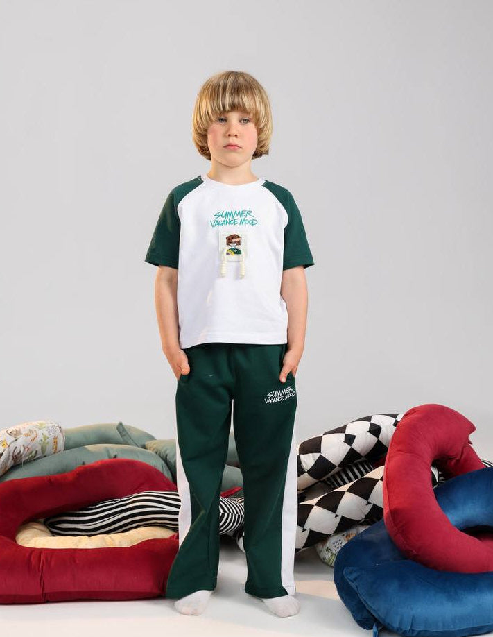 Kids Summer Vacation 2-Piece Outfit Set – Raglan T-Shirt & Jogger Pants in Dark Green
