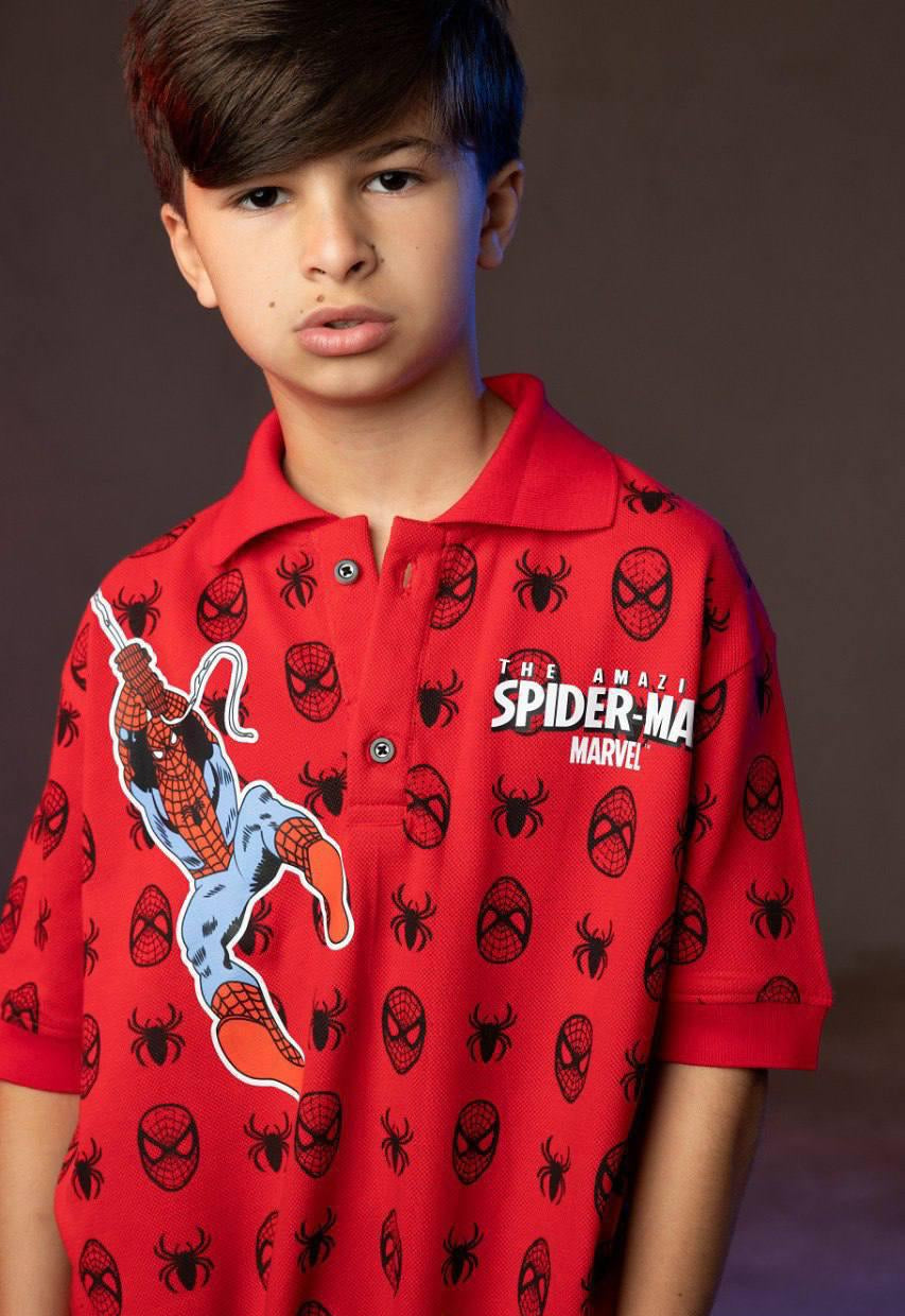 Boys Marvel Spider-Man Graphic Polo T-Shirt – Red Short Sleeve Character Print Casual Tee