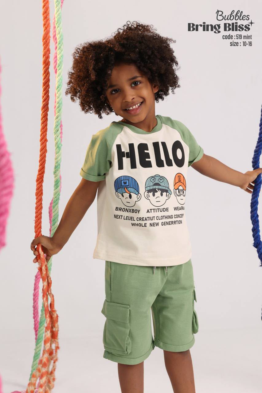 Boys “HELLO” Graphic T-Shirt & Cargo Shorts Set – MINT Casual Summer Outfit