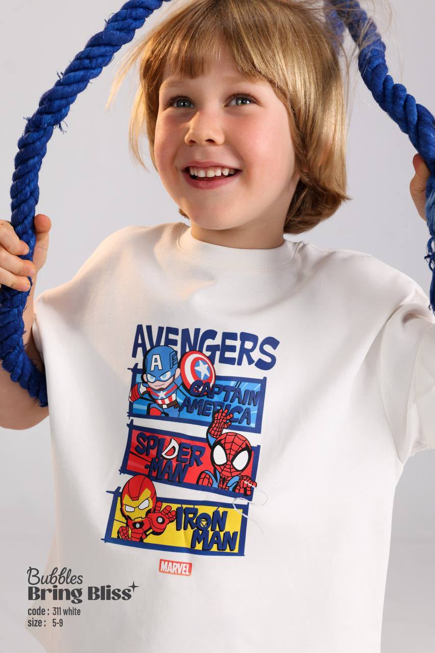 Kids Avengers Summer Outfit Set – White Graphic T-Shirt & Striped Shorts for Boys