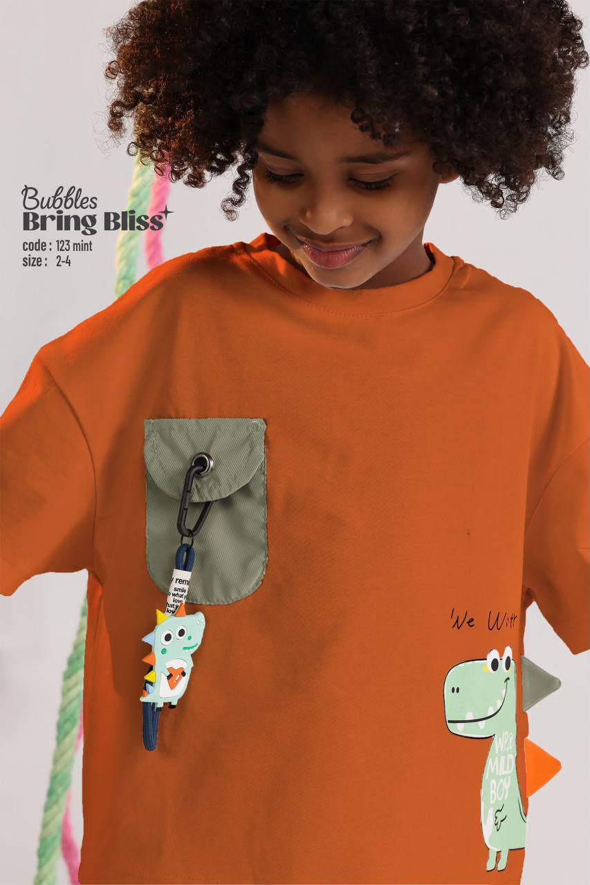 Kids Dinosaur Summer Outfit Set – Orange Graphic T-Shirt with Utility Pocket & Mint Shorts