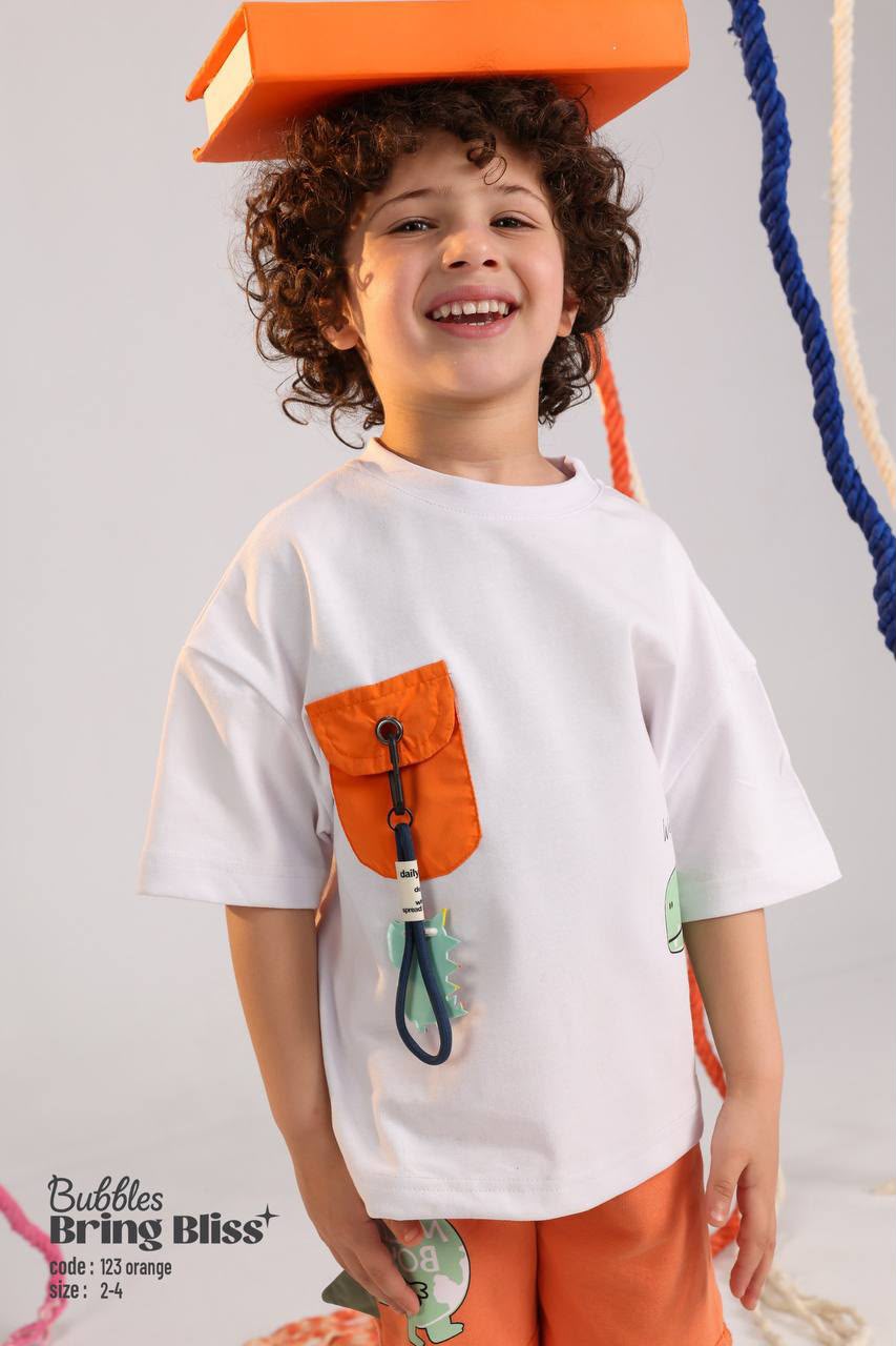 Kids Dinosaur Summer Outfit Set – White Graphic T-Shirt with Utility Pocket & Orange Shorts