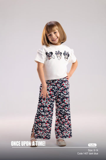 Girls Minnie Mouse Printed T-Shirt & Wide-Leg Pants Set – Stylish Casual Cotton Outfit for Kids
