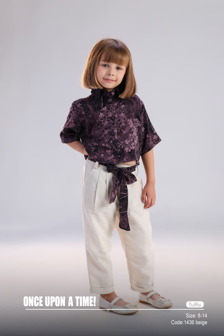 Girls Floral Print Tie-Waist Top & Beige Relaxed Fit Pants Set – Elegant Casual Outfit