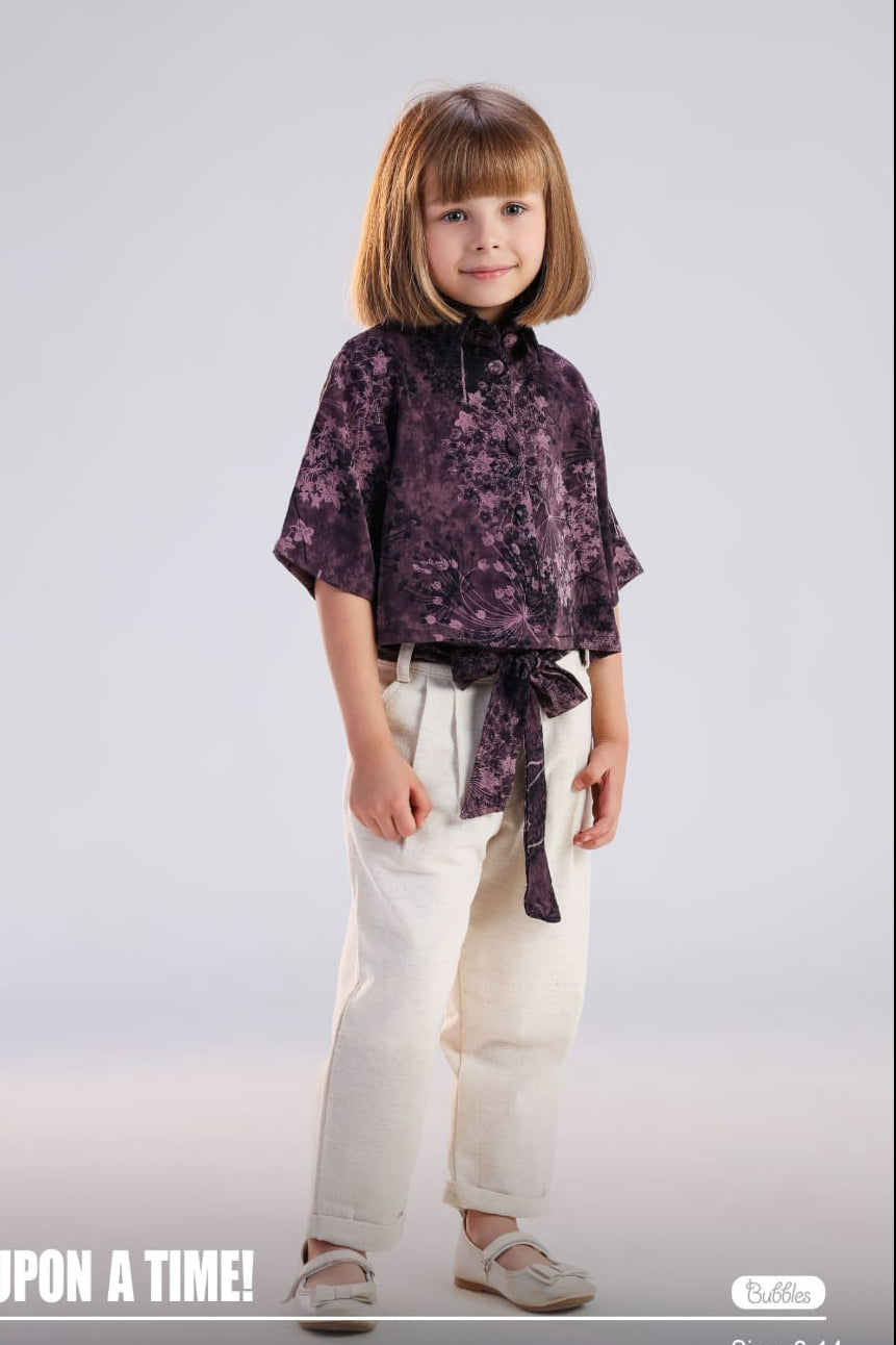 Girls Floral Print Tie-Waist Top & Beige Relaxed Fit Pants Set – Elegant Casual Outfit