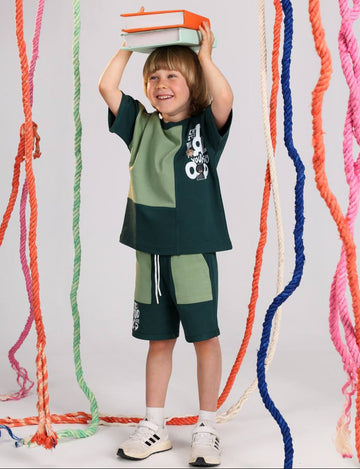 Kids Color Block Summer Outfit Set – Oversized Graphic T-Shirt & Drawstring Shorts in Dark Green