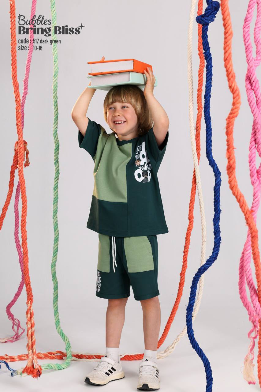 Kids Color Block Summer Outfit Set – Oversized Graphic T-Shirt & Drawstring Shorts in Dark Green