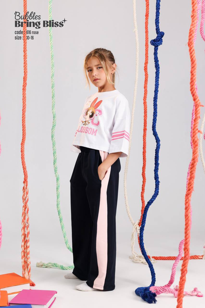 Girls Cartoon Graphic Crop Top & Wide Leg Pants Set – Trendy Casual Outfit in White, Pink & Navy