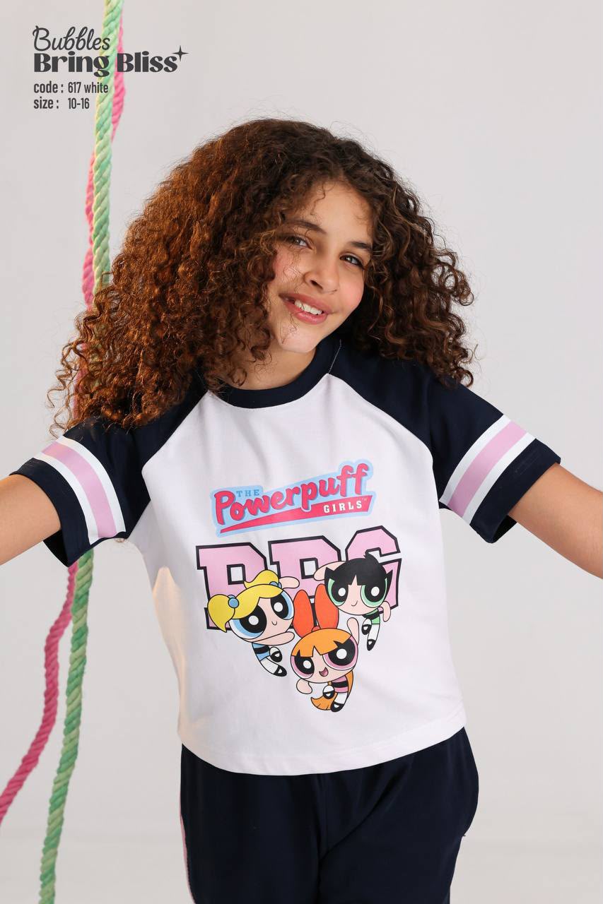 Girls Powerpuff Graphic T-Shirt & Wide Leg Pants Set – Casual Kids Outfit in White & Navy
