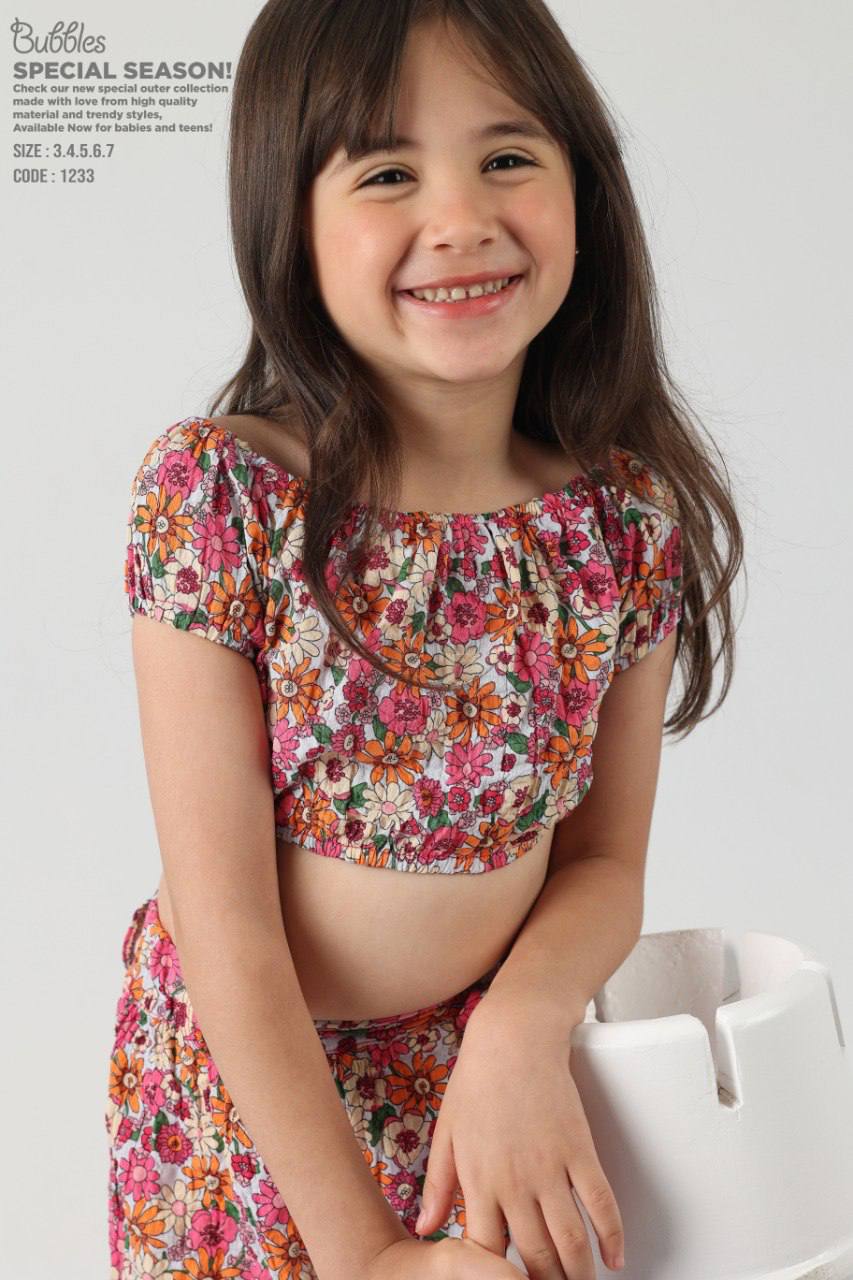 Girls Floral Crop Top & Wide-Leg Pants Set – Multicolor Summer Outfit